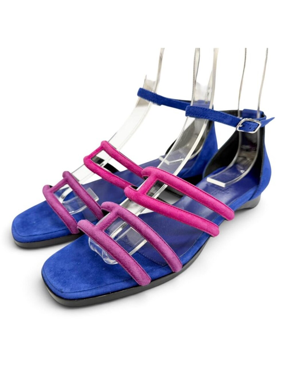 Hermes Graziela Suede Leather Silver H Logo Ankle Strap Square Toe Sandals